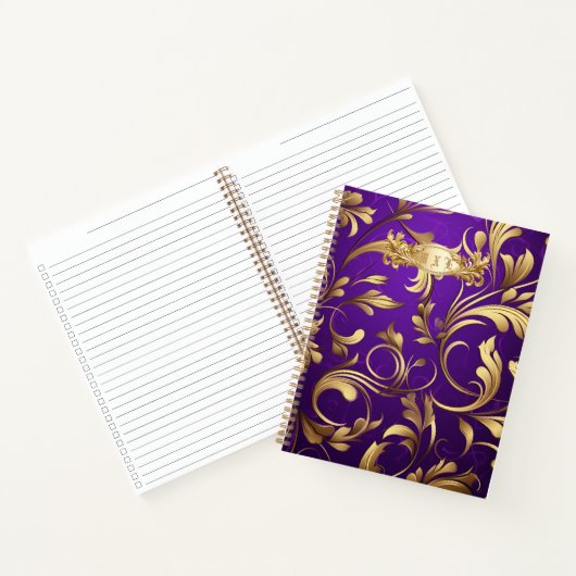 Luxe Paarse en gouden Damask Monogrammed Notitieboek (Binnen)