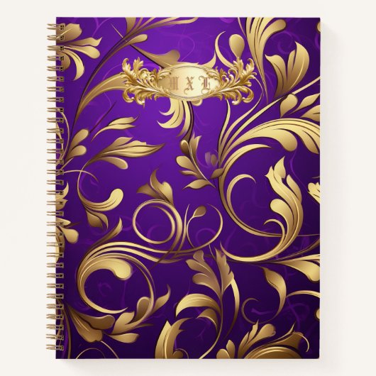 Luxe Paarse en gouden Damask Monogrammed Notitieboek (Voorkant)