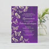 Luxe Paarse en Gouden Vlinder Quinceanera Party Kaart (Staand voorkant)