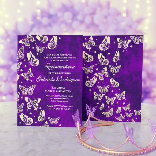 Luxe Paarse en Gouden Vlinder Quinceanera Party Kaart
