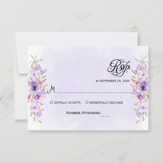 Luxe Paarse Floral Wedding RSVP Kaarten (Voorkant)
