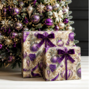 Luxe Paarse Fluwelen & Gouden Vintage Kerstmis Cadeaupapier
