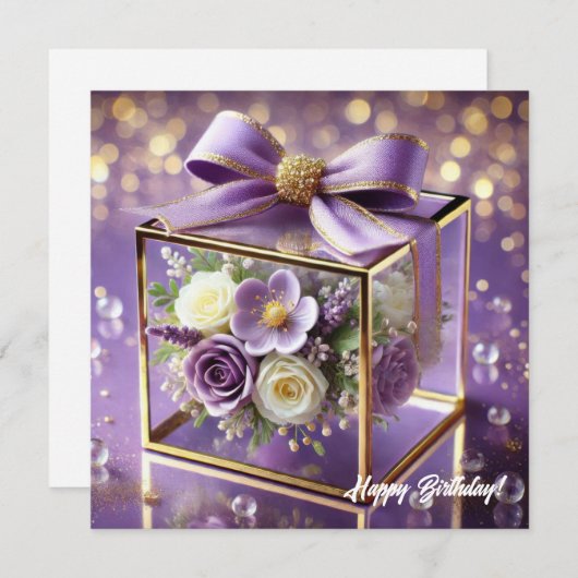 Luxe paarse glazen bloemen cadeau gouden chiffon b feestdagenkaart (Voorkant / Achterkant)
