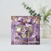 Luxe paarse glazen bloemen cadeau gouden chiffon b feestdagenkaart (Staand voorkant)