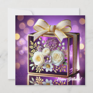 Luxe paarse glazen bloemen cadeau gouden chiffon b feestdagenkaart
