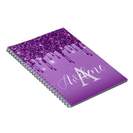 Luxe Paarse Glitter Drips Monogram Notitieboek (Rechterzijde)