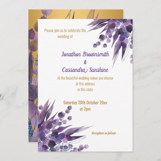 LUXE PAARSE GOLD EUCALYPTUS INVITATIE KAART (Voorkant / Achterkant)