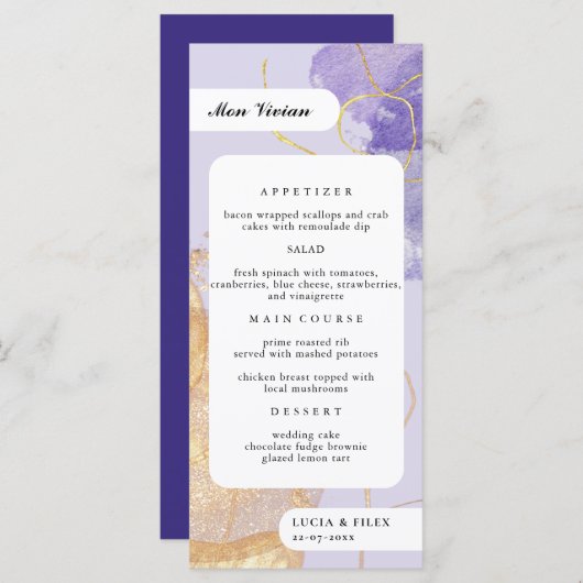 Luxe Paarse & Golden Abstracte Gast Naam Diner Menu (Voorkant / Achterkant)