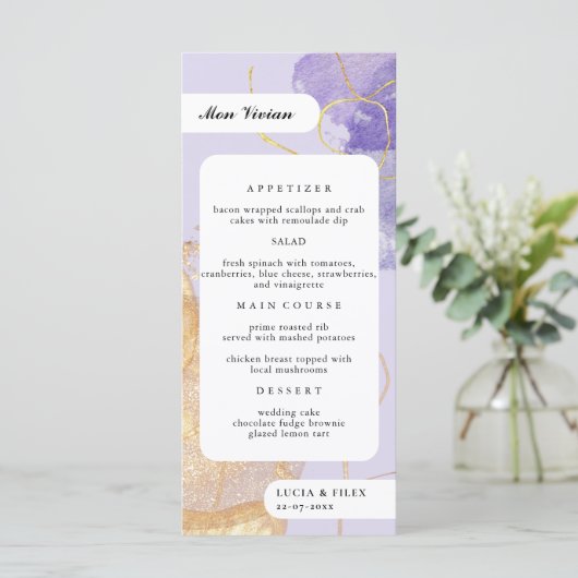 Luxe Paarse & Golden Abstracte Gast Naam Diner Menu (Staand voorkant)