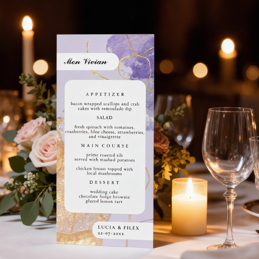 Luxe Paarse & Gouden Abstracte Gastennaam Diner Menu