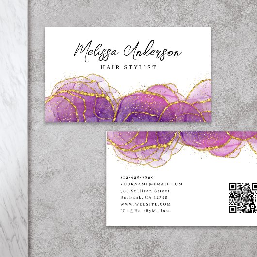 Luxe Paarse Gouden Glitter QR Code Visitekaartje