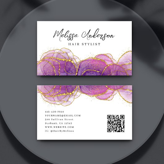 Luxe Paarse Gouden Glitter QR Code Visitekaartje