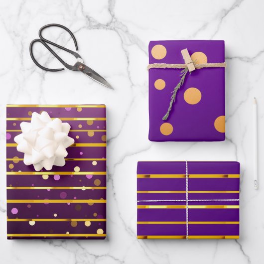 Luxe Paarse & Gouden Streep en Dot Kerst Inpakpapier Vel (Voorkant)