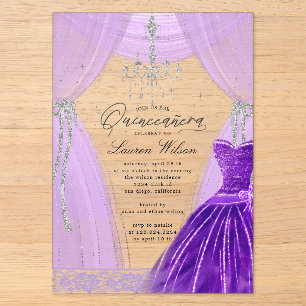 Luxe Paarse Kroonluchter Glans Quinceanera Acryl Uitnodigingen