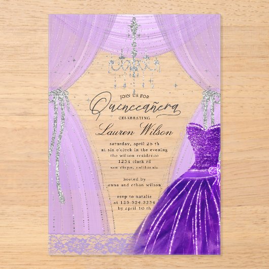 Luxe Paarse kroonluchter Sparkle Quinceanera Acryl Uitnodigingen (Voorkant)
