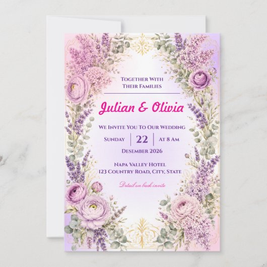 Luxe Paarse Lavendel en Ranunculus Trouw Kaart (Voorkant)