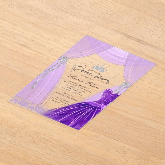 Luxe Paarse Princess Sparkle Quinceanera Acryl Uitnodigingen (Laagn)