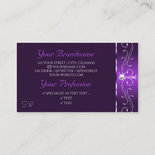 Luxe Paarse Squiggles Sparkle Diamonds Monogram Visitekaartje (Achterkant)