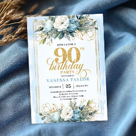 Luxe pale blue gold detailing 90th birthday invite kaart