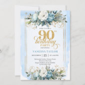 Luxe pale blue gold detailing 90th birthday invite kaart (Voorkant)