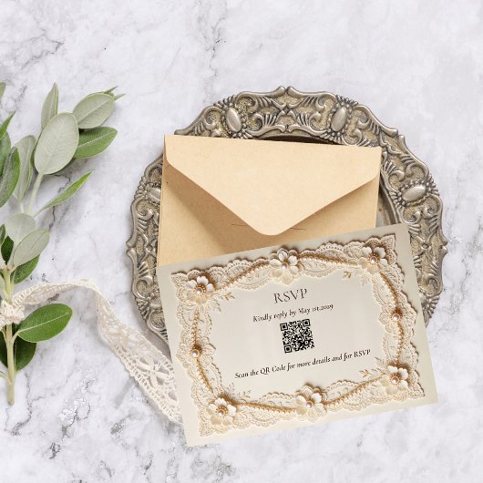 Luxe Parel Kant Elegante Trouw QR Code RSVP Kaartje