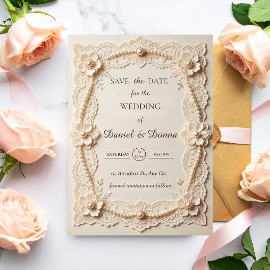 Luxe Parel Kant Elegante Trouw Save The Date