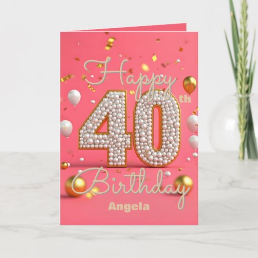Luxe parelroze en gouden accenten 40e verjaardag kaart (Voorkant)