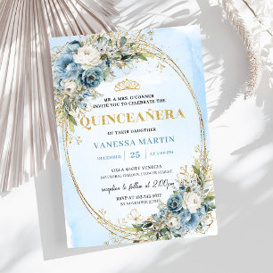 Luxe Pastel Blauwe Gouden Eucalyptus Quinceañera Kaart