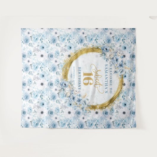 Luxe Pastel Blue Sweet 16 Gold Glitter Achtergrond Wandkleed (Voorkant (horizontaal))