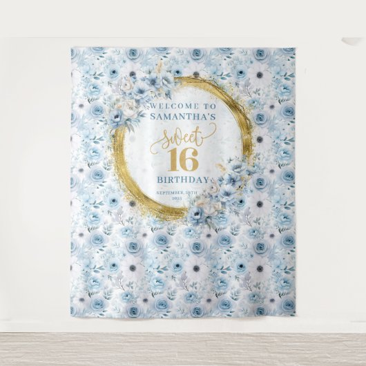 Luxe Pastel Blue Sweet 16 Gold Glitter Achtergrond Wandkleed (Voorkant)