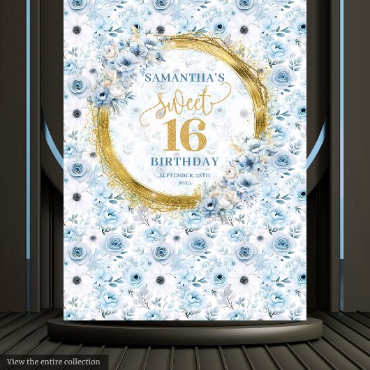 Luxe Pastel Blue Sweet 16 Gold Glitter Achtergrond Wandkleed