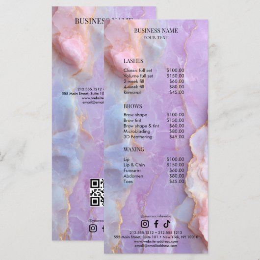 Luxe Pastel Marmer Wimper Kunstenaar Salon Prijsli Menu (Voorkant / Achterkant)