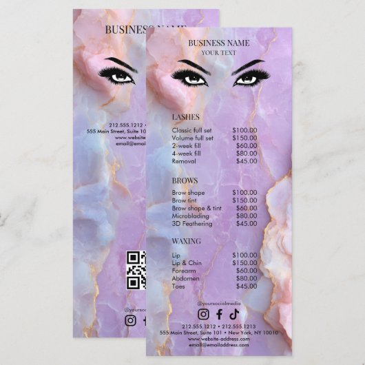Luxe Pastel Marmer Wimper Kunstenaar Salon Prijsli Menu (Voorkant / Achterkant)