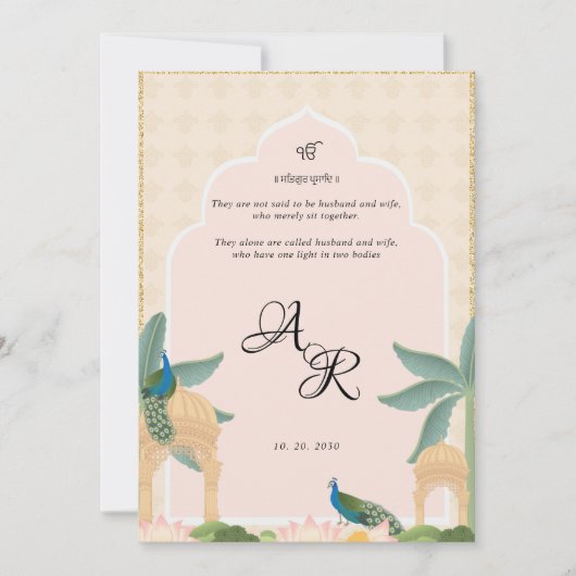Luxe pastel Mughal thema uitnodiging kaart Sikh (Voorkant)