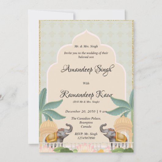 Luxe pastel Mughal thema uitnodiging kaart Sikh (Achterkant)