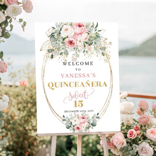 Luxe Pastel Roze Bloem 15e Welkomstbord Poster