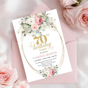 Luxe Pastel Roze Bloem 70e Verjaardagsuitnodiging Kaart