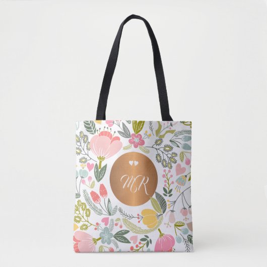 Luxe pastel roze floral kopermonogram wit tote bag (Voorkant)