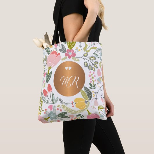 Luxe pastel roze floral kopermonogram wit tote bag (Dichtbij)