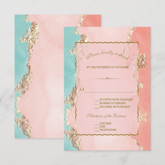 Luxe Pastel Waterverf Goud Folie Bruiloft RSVP Kaartje (Voorkant / Achterkant)
