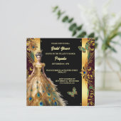 Luxe pauw balgons veer goud zwart chic feestdagenkaart (Staand voorkant)