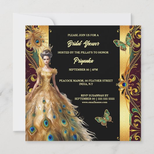 Luxe pauw balgons veer goud zwart chic feestdagenkaart (Voorkant)