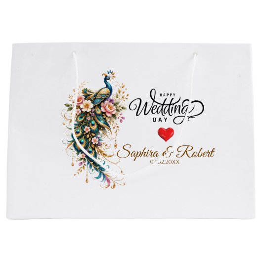 Luxe Pauw Floral – (Aangepaste naam & datum) Groot Cadeauzakje (Voorkant)