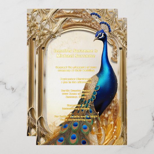 Luxe pauw land bruiloft Indische chic Folie Uitnodiging (Voorkant / Achterkant)