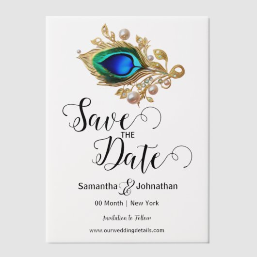 Luxe pauw veer parel overlay elegant vellum uitnodigingen (Voorkant)