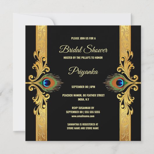 Luxe pauwenveer lijst goud zwart elegant feestdagenkaart (Voorkant)