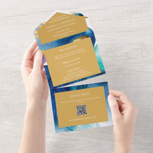 Luxe Peacock Blue QR code foto Bruiloft Alles All In One Uitnodiging (Afscheurbaar)