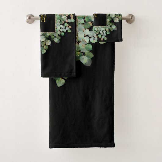 LUXE PERSONALISEERD EUCALYPTUS BLACK BATH TOWEL SE BAD HANDDOEK (Insitu)