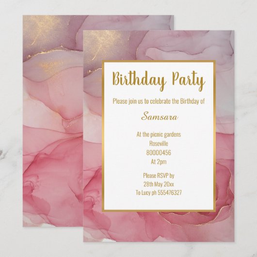 LUXE PINK BLUSH MARBLE ROOS BIRTHDAY INVITATION KAART (Voorkant / Achterkant)
