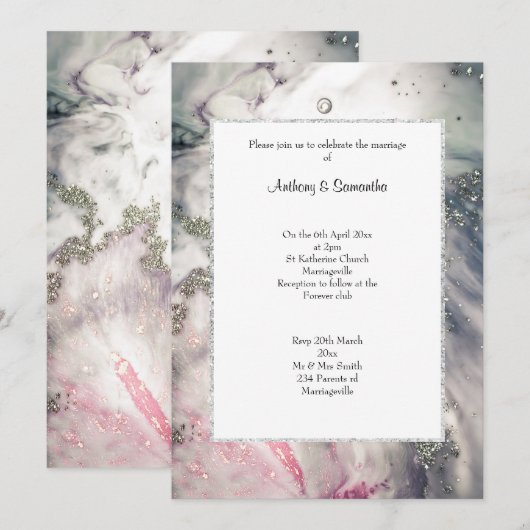 LUXE PINK MARBLE GLITTER WEDDING Invitation Kaart (Voorkant / Achterkant)